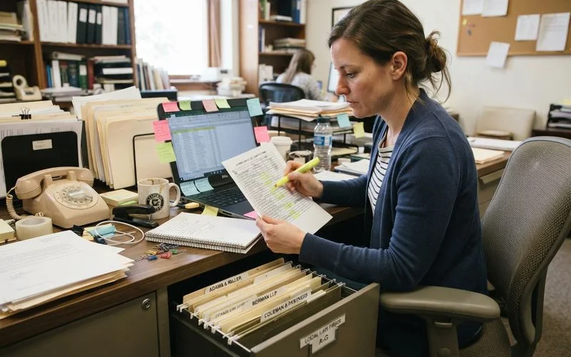 A researcher at a desk cross-checking a Hartford law firm's public records and Google review data against a printed methodology checklist
